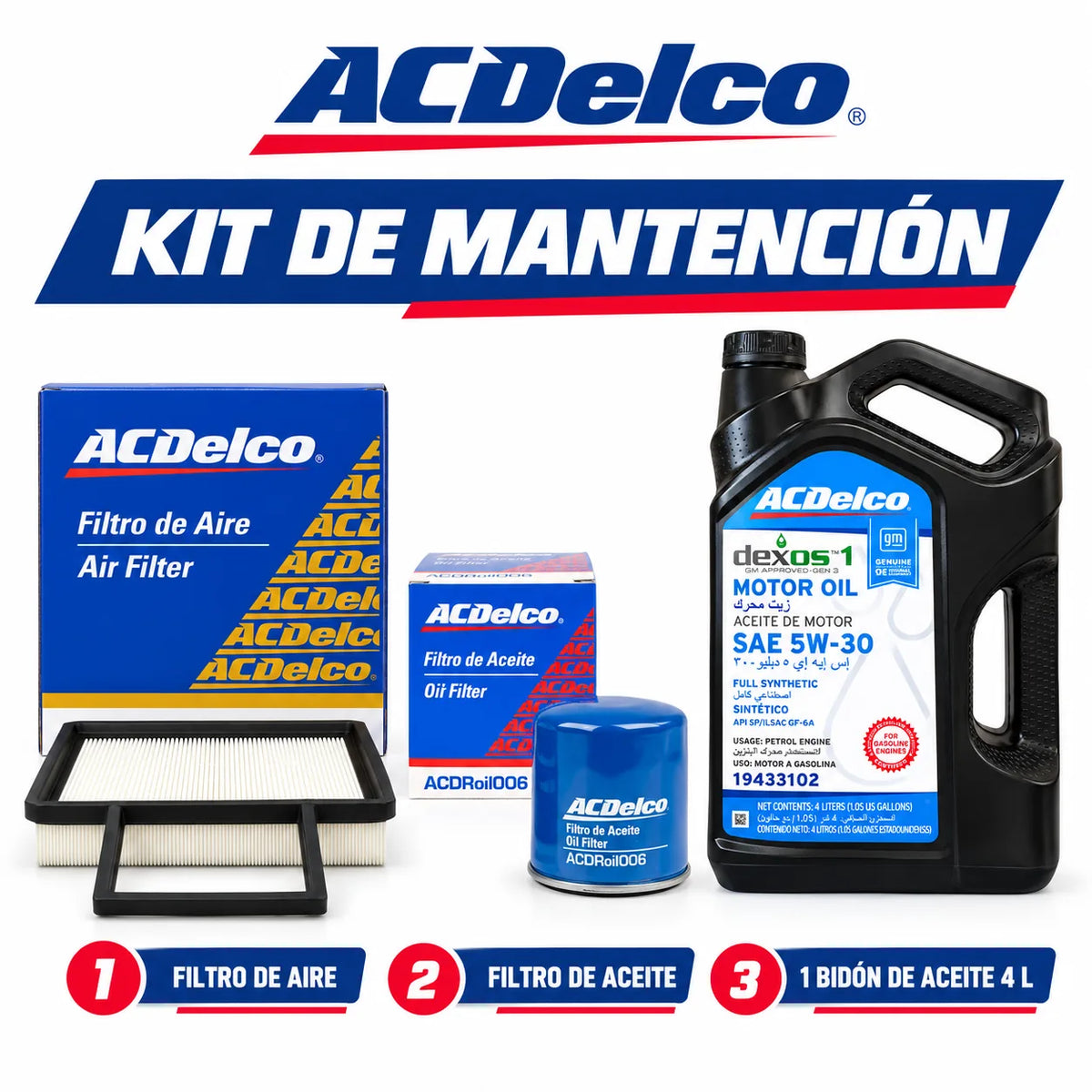 Kit de Mantención Chevrolet Sail 1.5 2016 - 2024 Filtros y Aceite 5w30 Dexos 1 Bidón 4 Litros